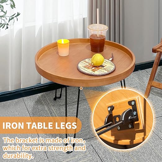 HYNAWIN Foldable Tray Table,Round Side Table with Metal Legs,Bamboo Portable Coffee Table for Living Room, Patio, Office,Camping