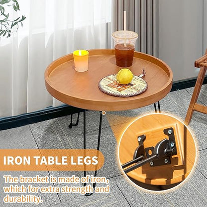 HYNAWIN Foldable Tray Table，Round Side Table with Metal Legs,Bamboo Portable Coffee Table for Living Room, Patio, Office,Camping