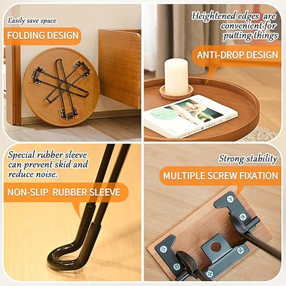 HYNAWIN Foldable Tray Table，Round Side Table with Metal Legs,Bamboo Portable Coffee Table for Living Room, Patio, Office,Camping