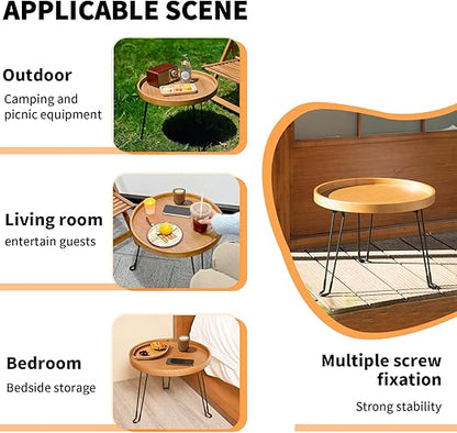 HYNAWIN Foldable Tray Table，Round Side Table with Metal Legs,Bamboo Portable Coffee Table for Living Room, Patio, Office,Camping